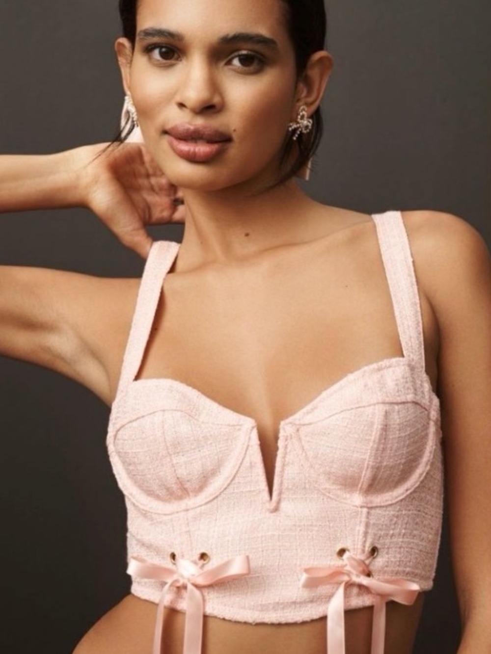NWT By Anthropologie Tweed Corset Top Pink M Bustier Ribbon Coquette Pastel